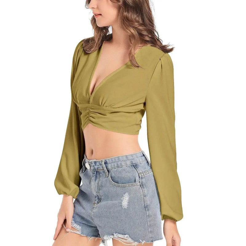 Cumin Deep V-Neck Lantern Sleeve Crop Top - IVORYNN