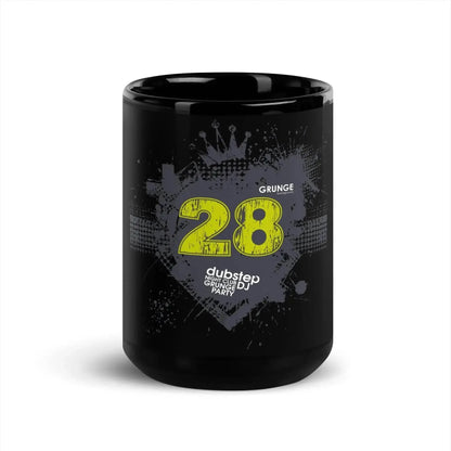 Black glossy mug with yellow '28', grunge crown, dubstep night club DJ party design, Ivorynn