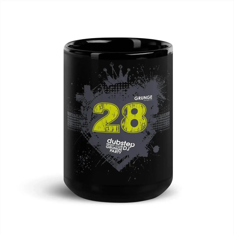 Black glossy mug with yellow '28', grunge crown, dubstep night club DJ party design, Ivorynn