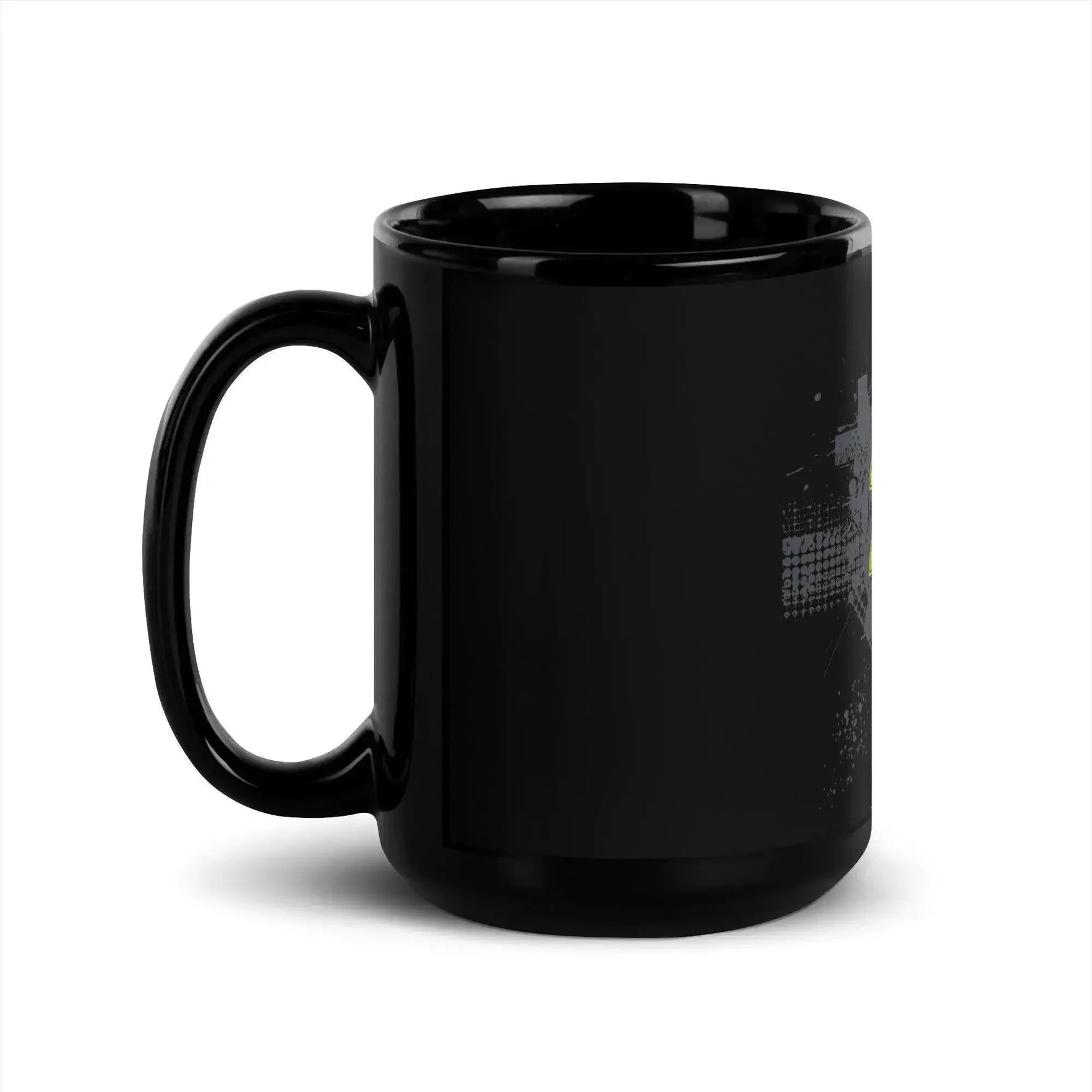 Black glossy coffee mug with abstract white and yellow graphic, Ivorynn home essentials.
