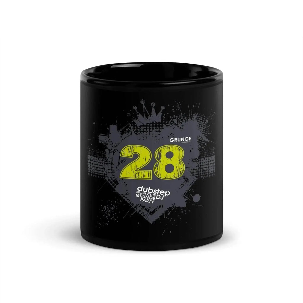 Black glossy mug with yellow '28', grunge graphics, and dubstep party design from Ivorynn