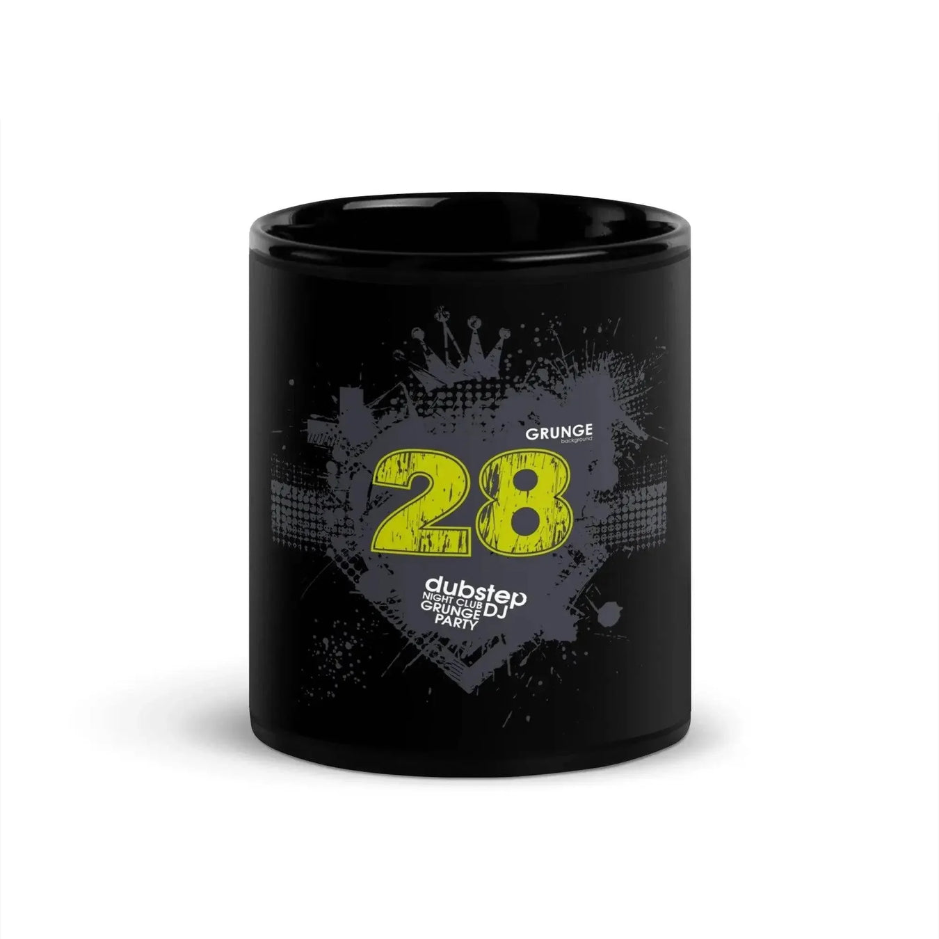Black glossy mug with yellow '28', grunge graphics, and dubstep party design from Ivorynn