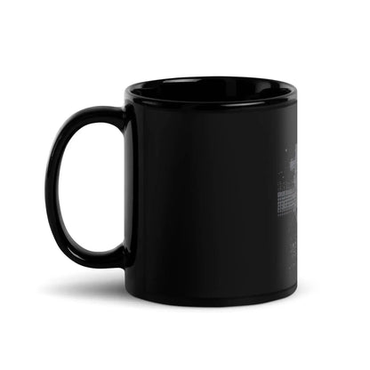 Black glossy ceramic mug with subtle graphic print, modern kitchenware at Ivorynn