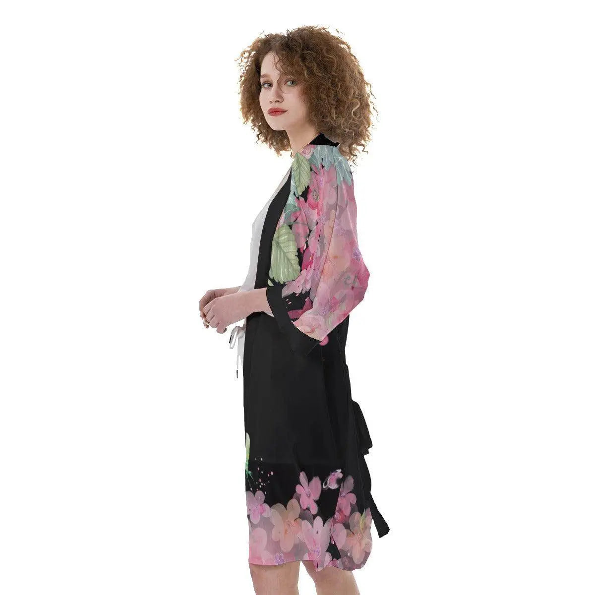 Floral Black Satin Kimono Robe - IVORYNN