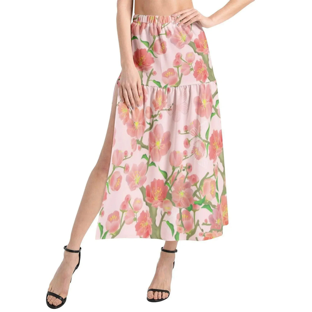 Ivorynn floral elastic waist ruffle skirt with side slit, pink flower print, women's fashion