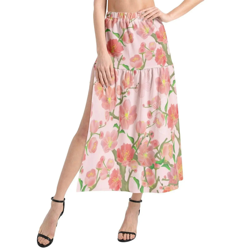 Ivorynn floral elastic waist ruffle skirt with side slit, pink flower print, women's fashion