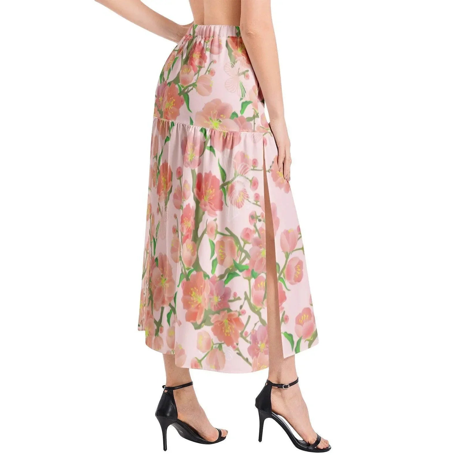 Ivorynn floral elastic waist ruffle slit skirt with pink and green flower print