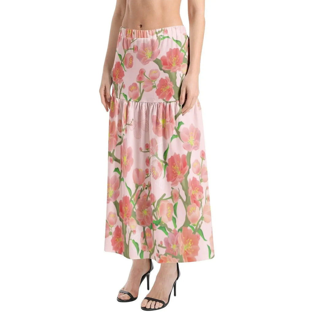 Ivorynn floral elastic waist ruffle slit hem skirt in ivory pink with pink flower print