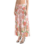 Ivorynn floral elastic waist ruffle slit hem skirt in ivory pink with pink flower print