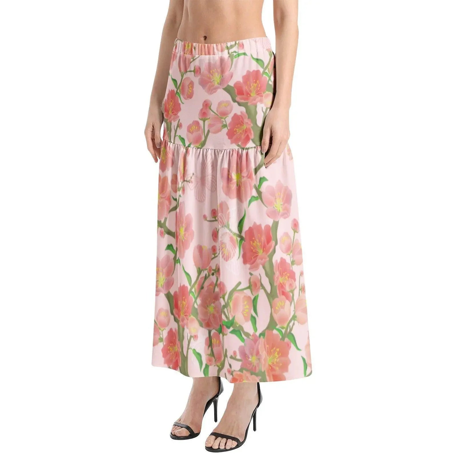 Ivorynn floral elastic waist ruffle slit hem skirt in ivory pink with pink flower print