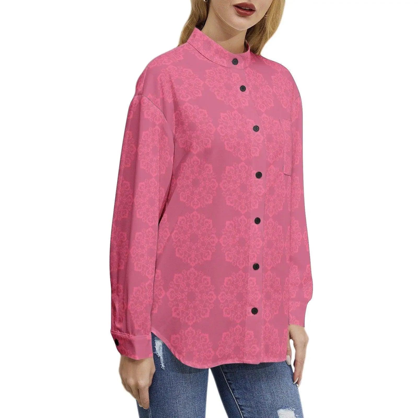 Woman wearing pink floral long sleeve button-up shirt, casual style, Ivorynn fashion