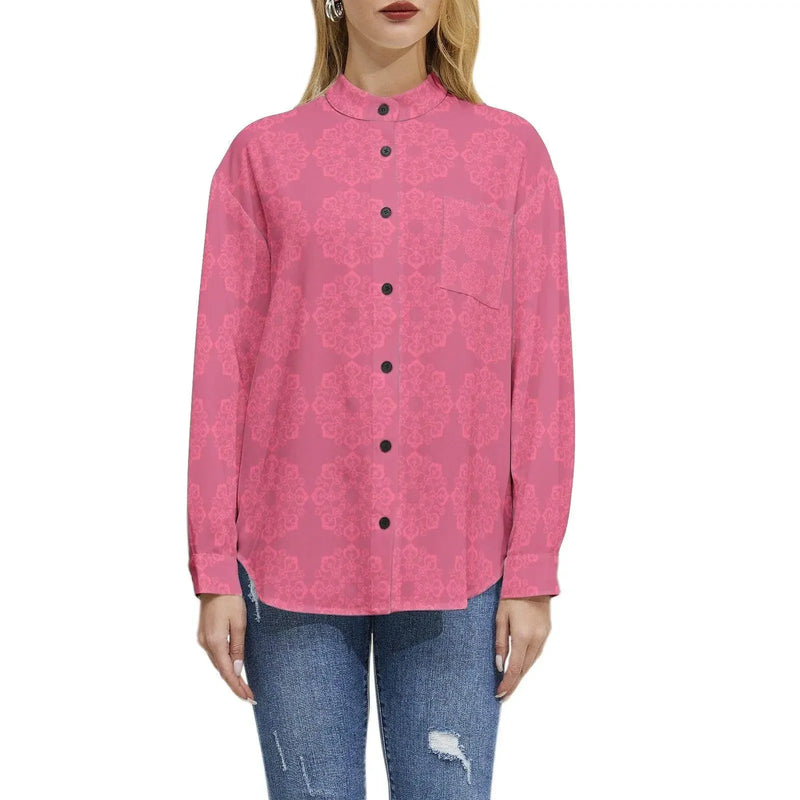 Women's pink floral long sleeve button-up shirt with modern casual style from Ivorynn