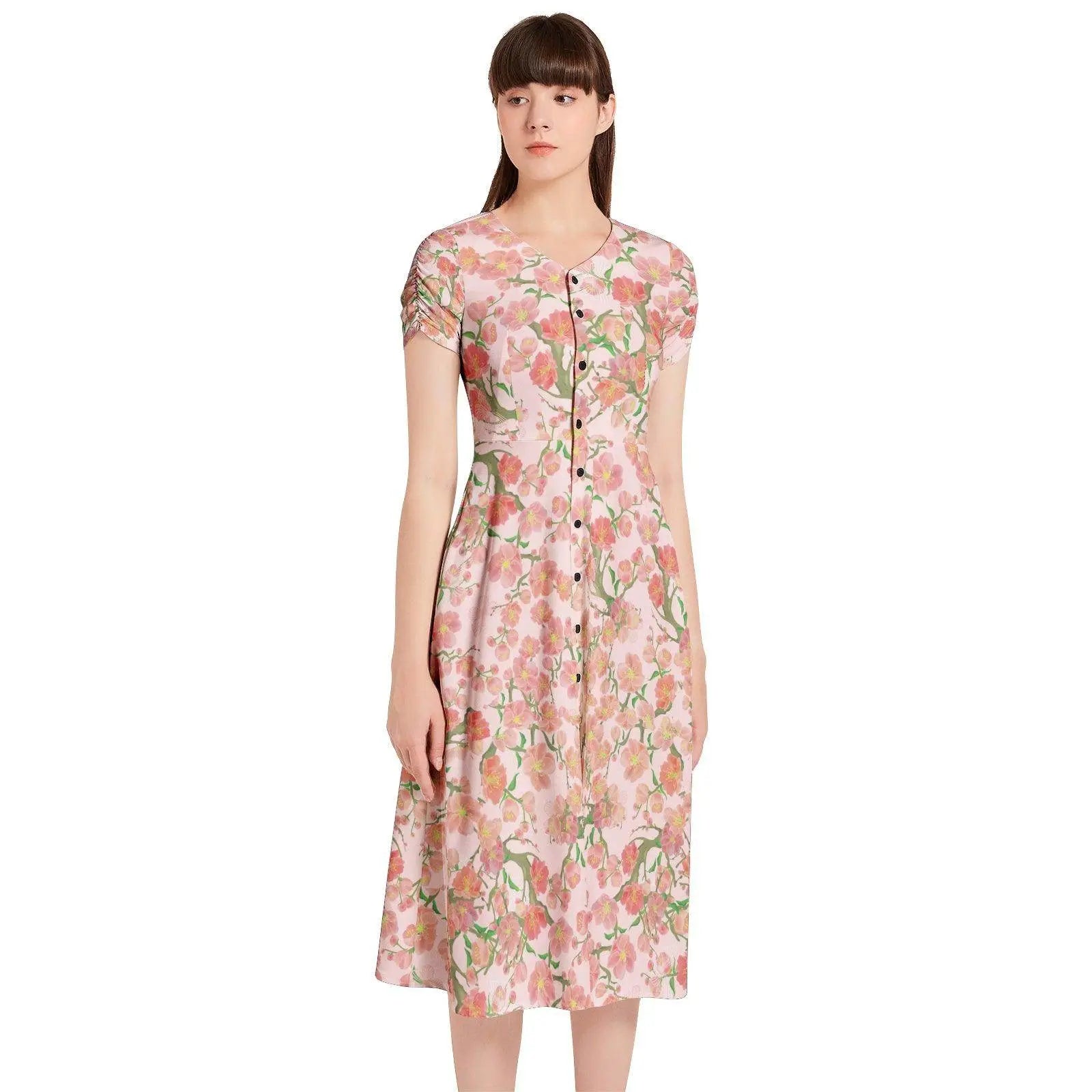 Floral Puff Sleeve Button Through Dress - IVORYNN