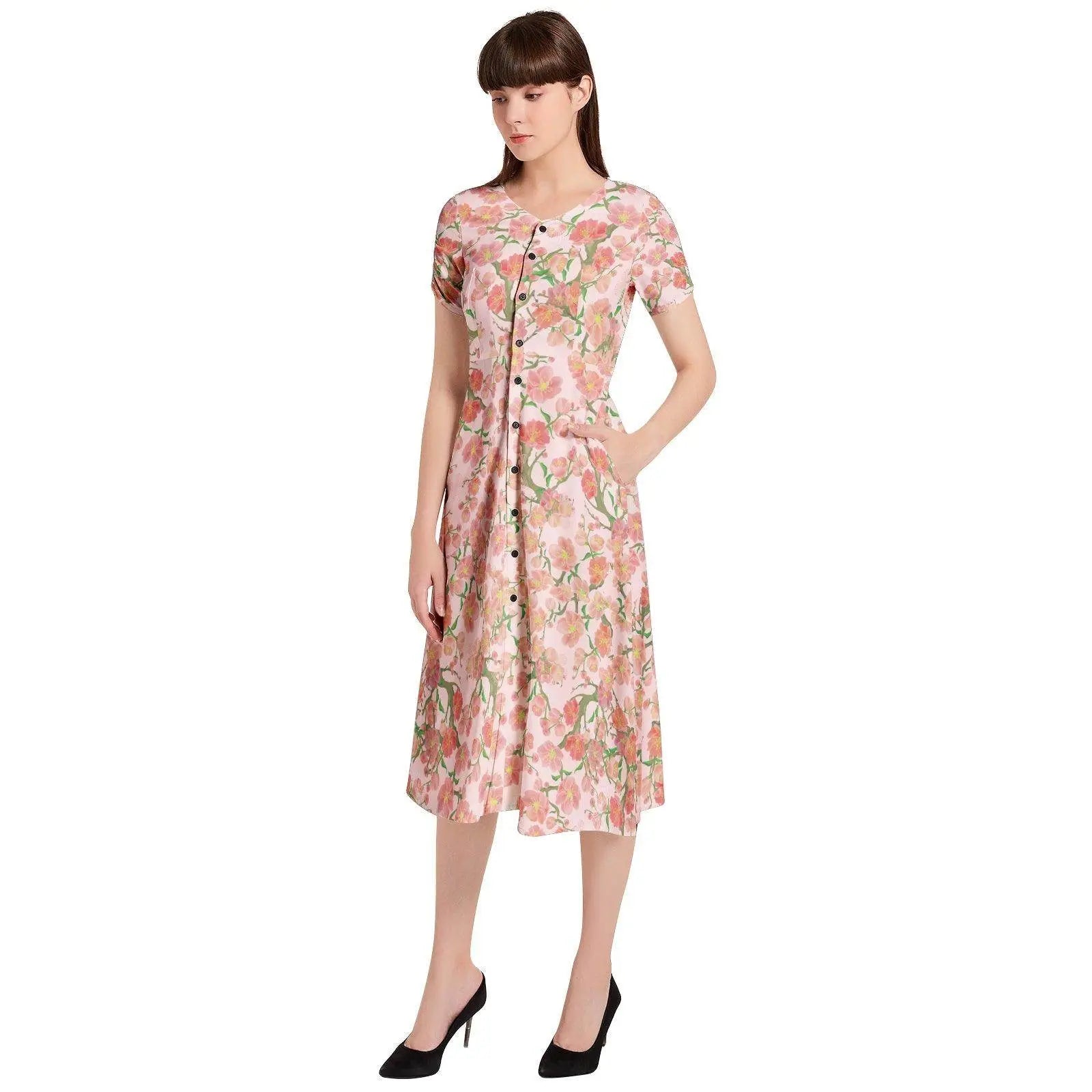 Floral Puff Sleeve Button Through Dress - IVORYNN