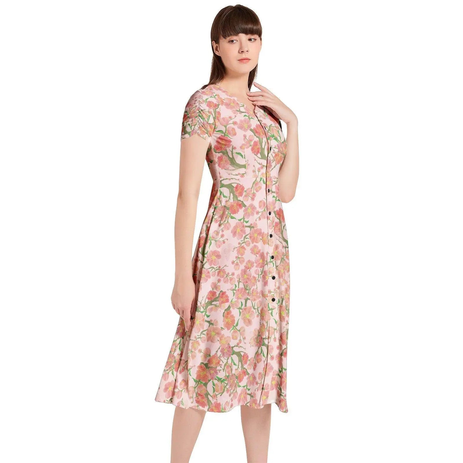 Floral Puff Sleeve Button Through Dress - IVORYNN