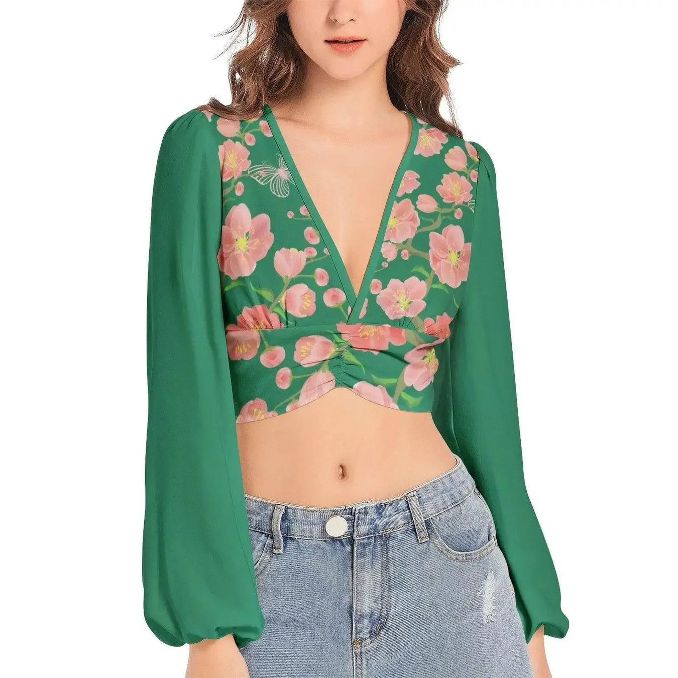 Floral Vintage Deep V-Neck  Garden Crop Top - IVORYNN