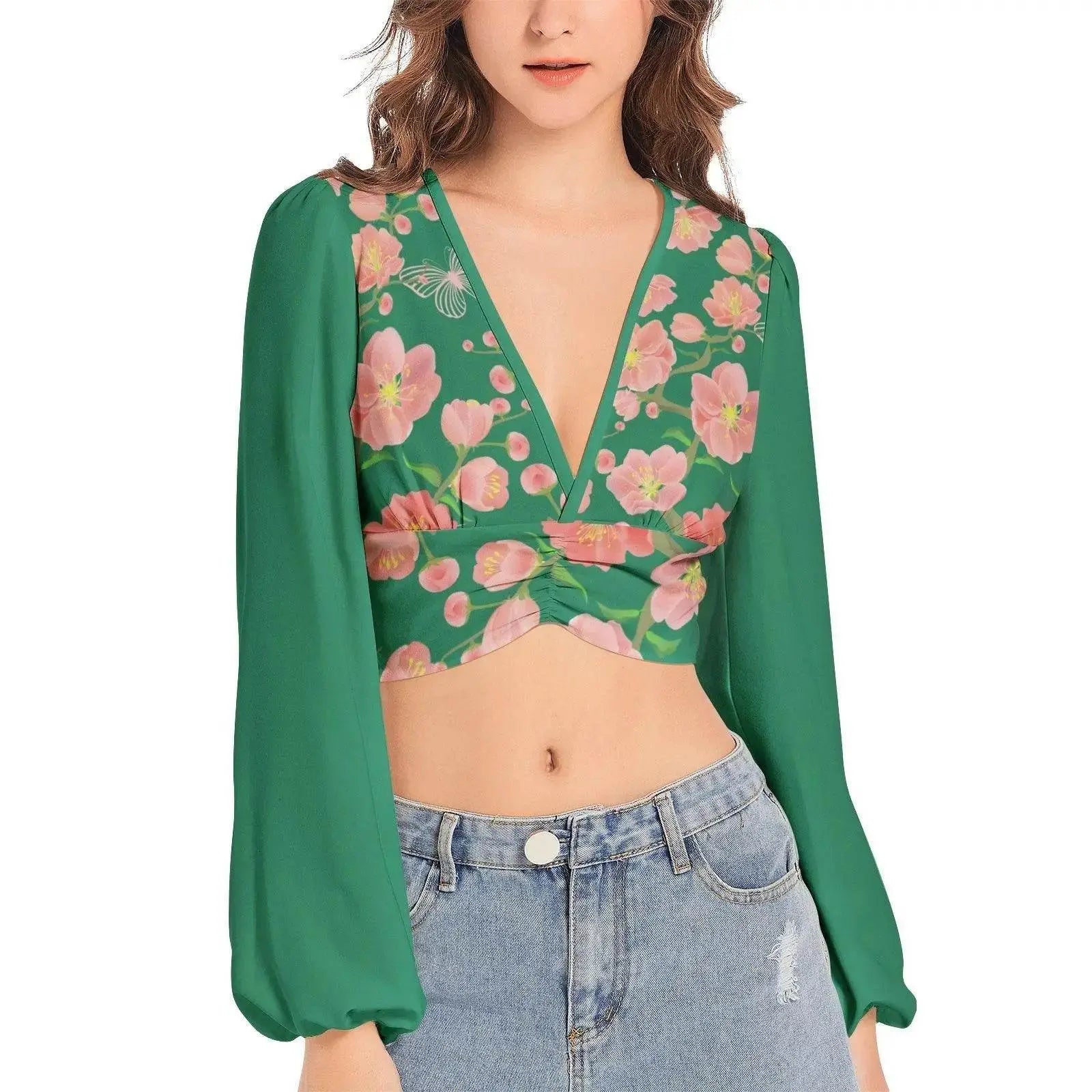 Floral Vintage Deep V-Neck  Garden Crop Top - IVORYNN