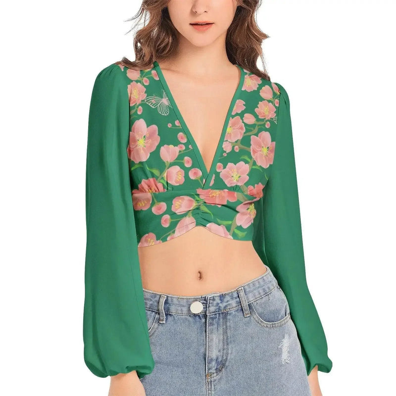 Floral Vintage Deep V-Neck  Garden Crop Top - IVORYNN
