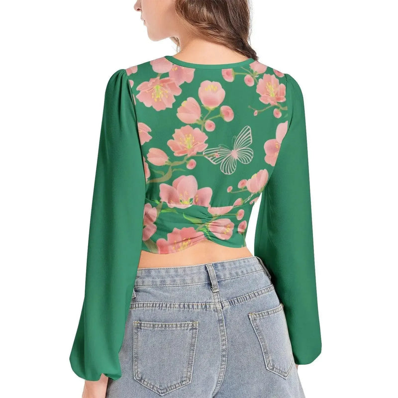 Floral Vintage Deep V-Neck  Garden Crop Top - IVORYNN