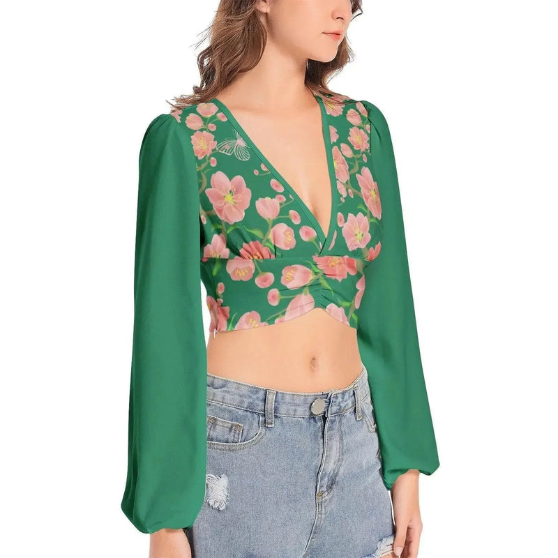 Floral Vintage Deep V-Neck  Garden Crop Top - IVORYNN