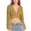 Floral Vintage Deep V-Neck Lantern Sleeve Cumin Crop Top - IVORYNN