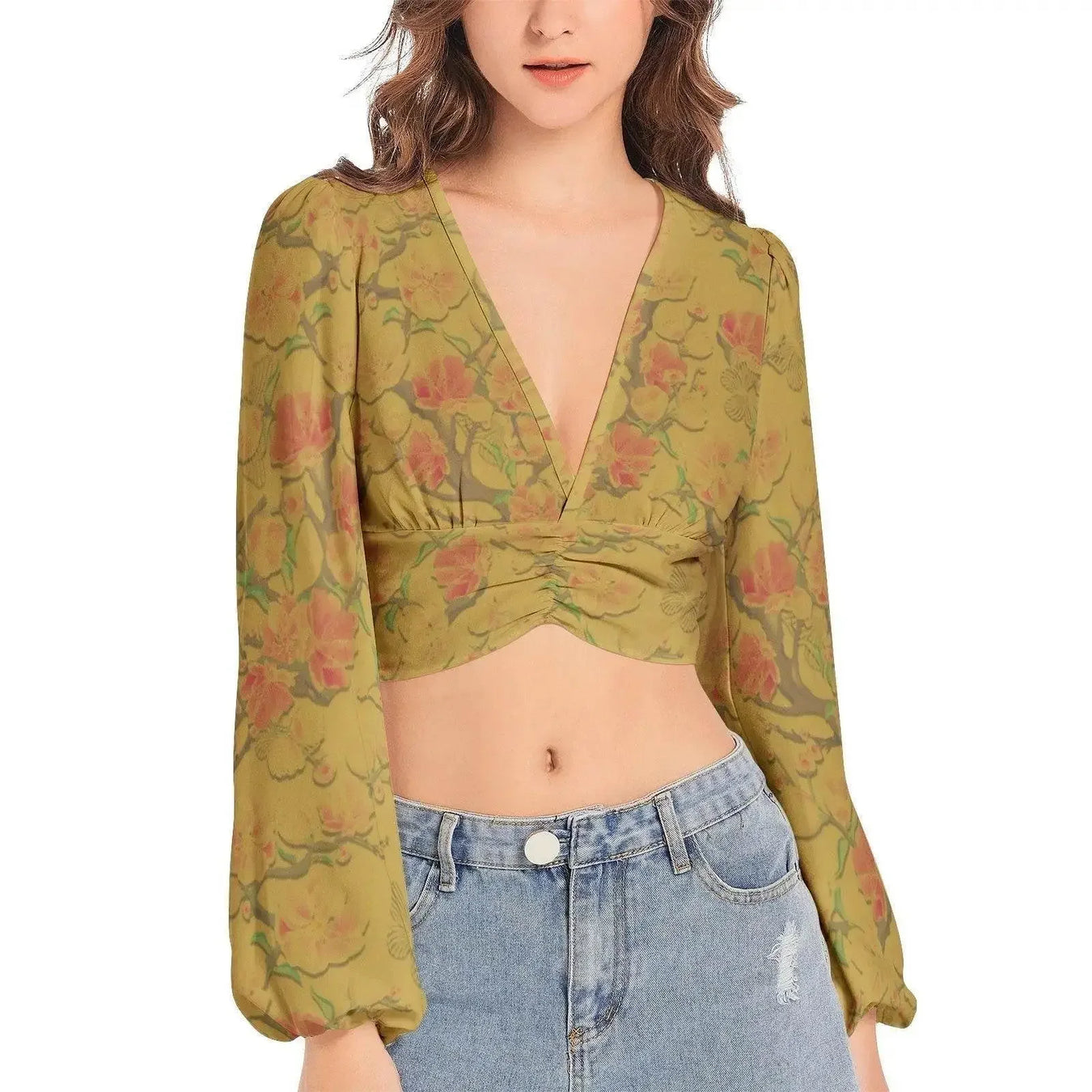 Floral Vintage Deep V-Neck Lantern Sleeve Cumin Crop Top - IVORYNN