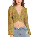 Floral Vintage Deep V-Neck Lantern Sleeve Cumin Crop Top - IVORYNN