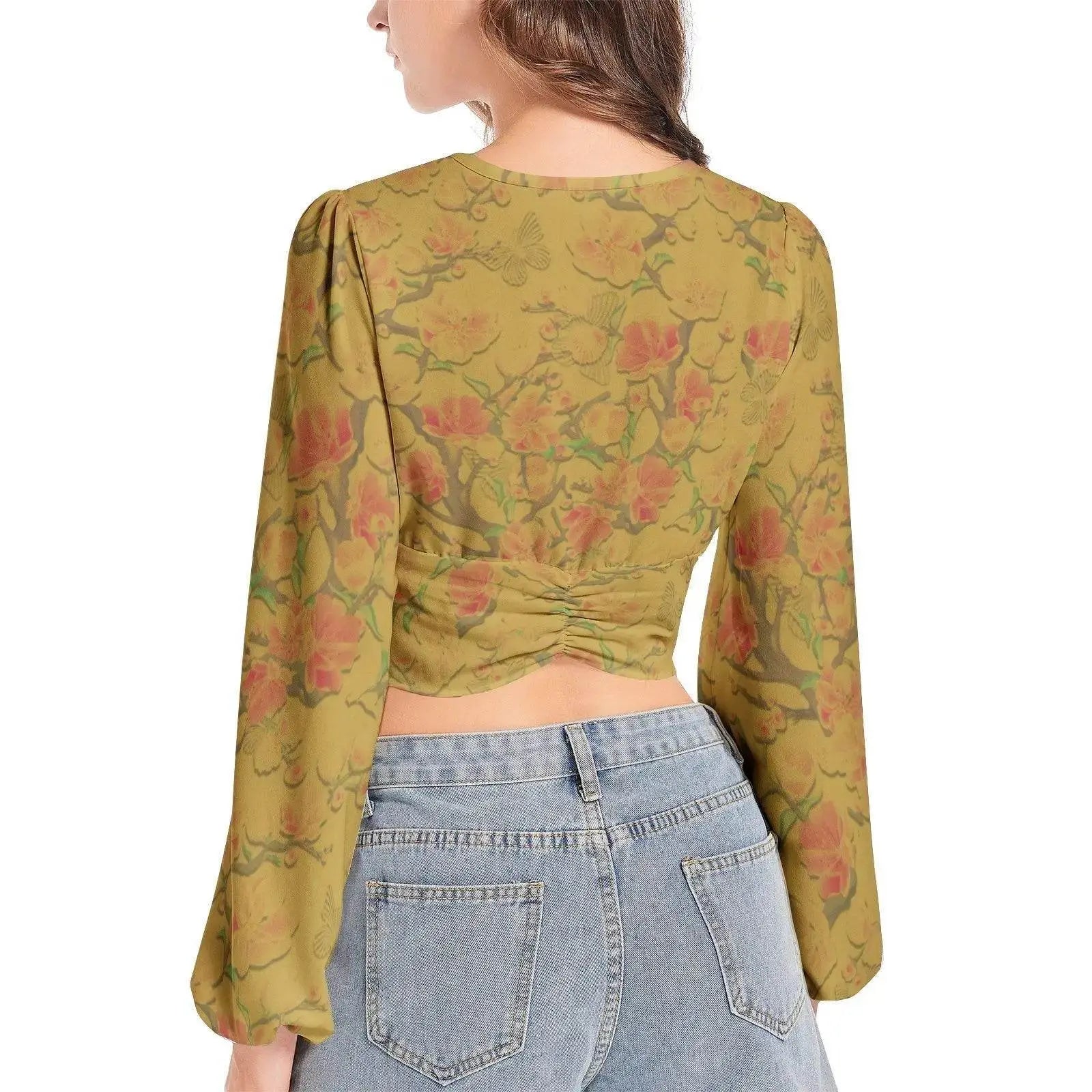 Floral Vintage Deep V-Neck Lantern Sleeve Cumin Crop Top - IVORYNN