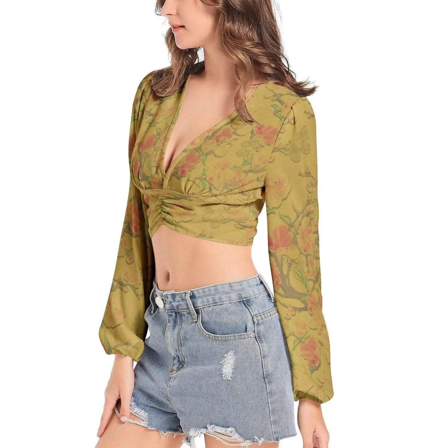 Floral Vintage Deep V-Neck Lantern Sleeve Cumin Crop Top - IVORYNN