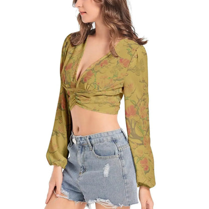 Floral Vintage Deep V-Neck Lantern Sleeve Cumin Crop Top - IVORYNN