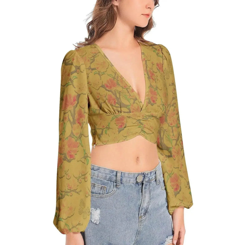 Floral Vintage Deep V-Neck Lantern Sleeve Cumin Crop Top - IVORYNN