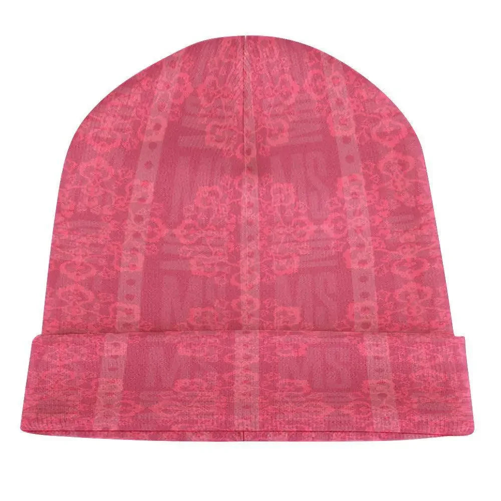 Pink floral knitted hat with subtle pattern, stylish winter accessory from Ivorynn