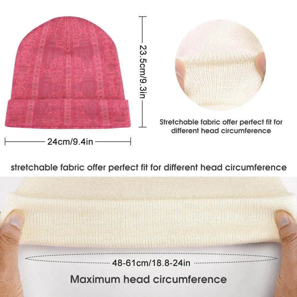 Floral knitted hat in pink, stretchable fabric, size 24x23.5cm, fits 48–61cm head, Ivorynn fashion