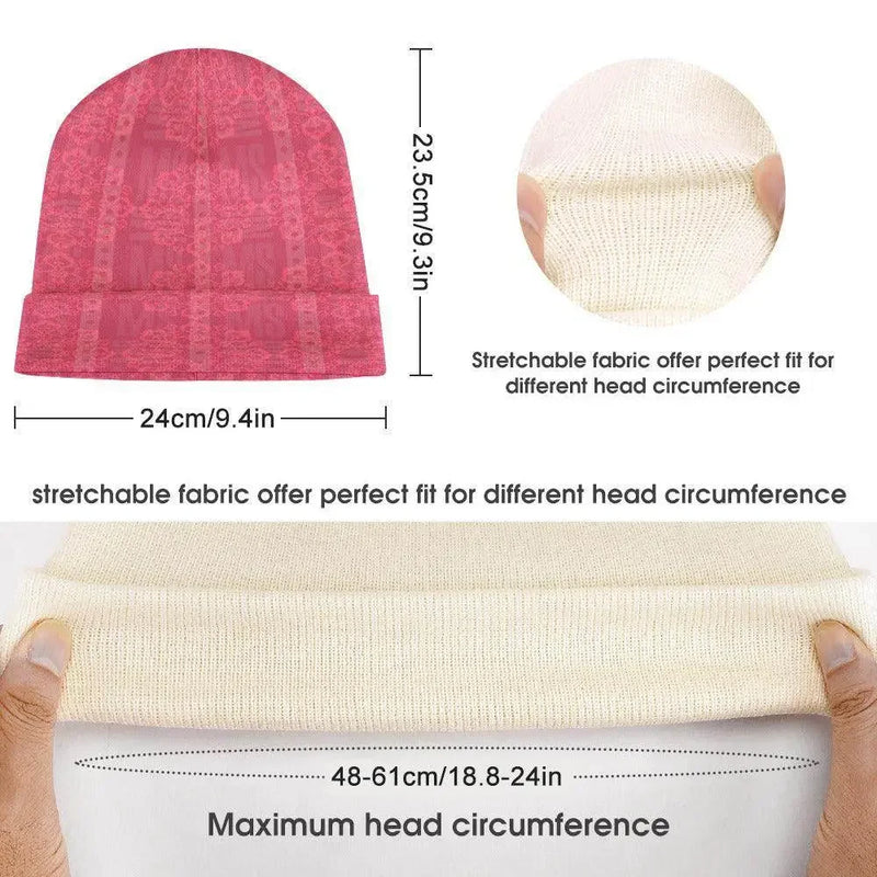 Floral knitted hat in pink, stretchable fabric, size 24x23.5cm, fits 48–61cm head, Ivorynn fashion