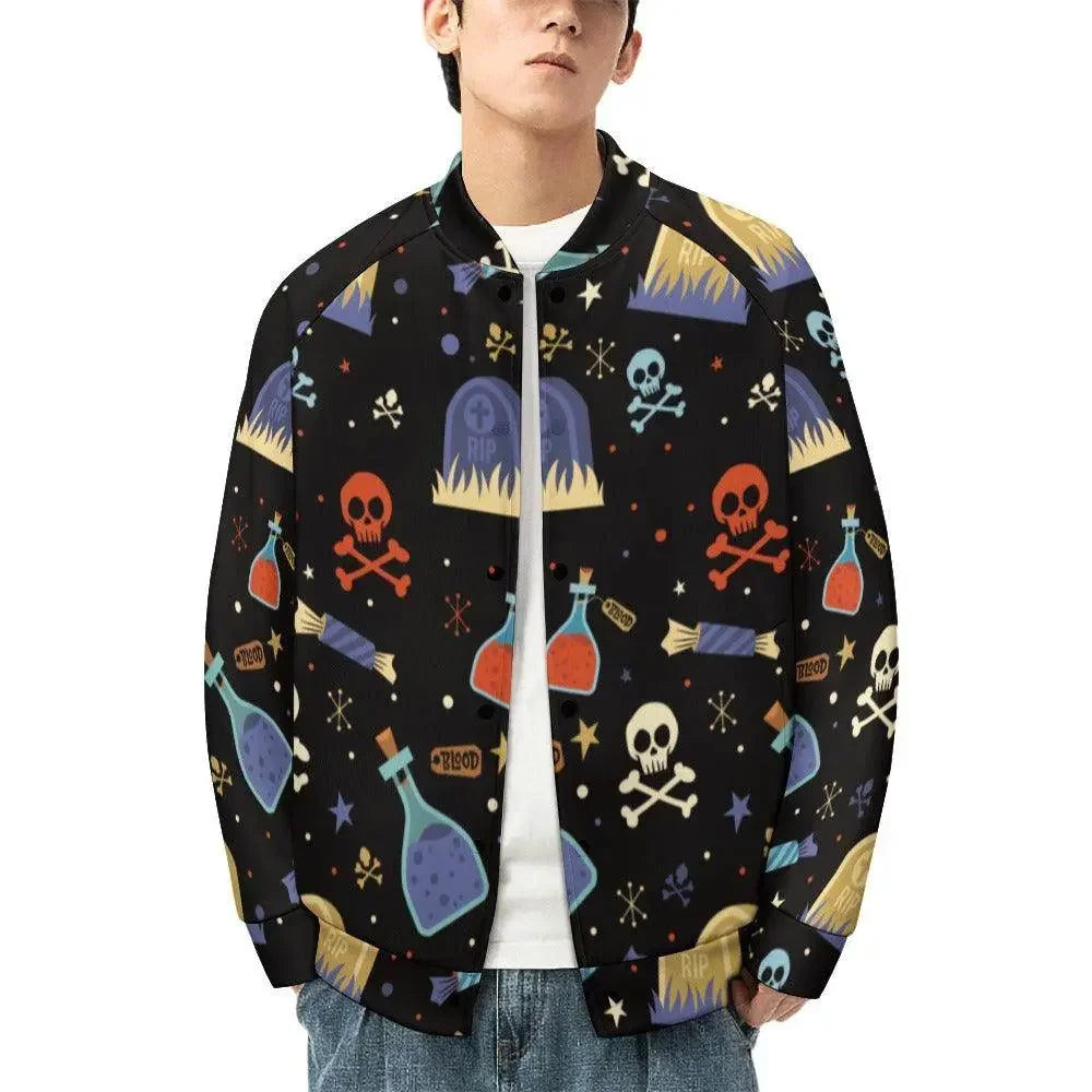 Men's Halloween baseball jacket with skulls, potions, and tombstone print, Ivorynn fashion