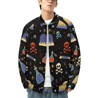 Men's Halloween baseball jacket with skulls, potions, and tombstone print, Ivorynn fashion
