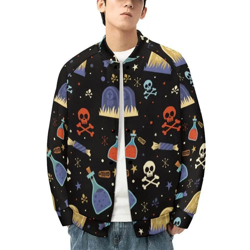 Men's Halloween baseball jacket with skulls, potions, and tombstone print, Ivorynn fashion