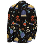 Men's black baseball jacket with Halloween-themed skulls, potions, graves, and candy print