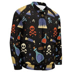 Men's black baseball jacket with Halloween skulls, potions, and tombstones print, Ivorynn fashion