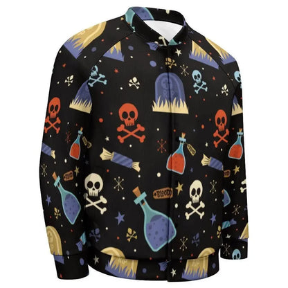 Men's black baseball jacket with Halloween skulls, potions, and tombstones print, Ivorynn fashion