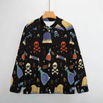 Men's black baseball jacket with colorful Halloween skulls, potions, and gravestones, Ivorynn fashion