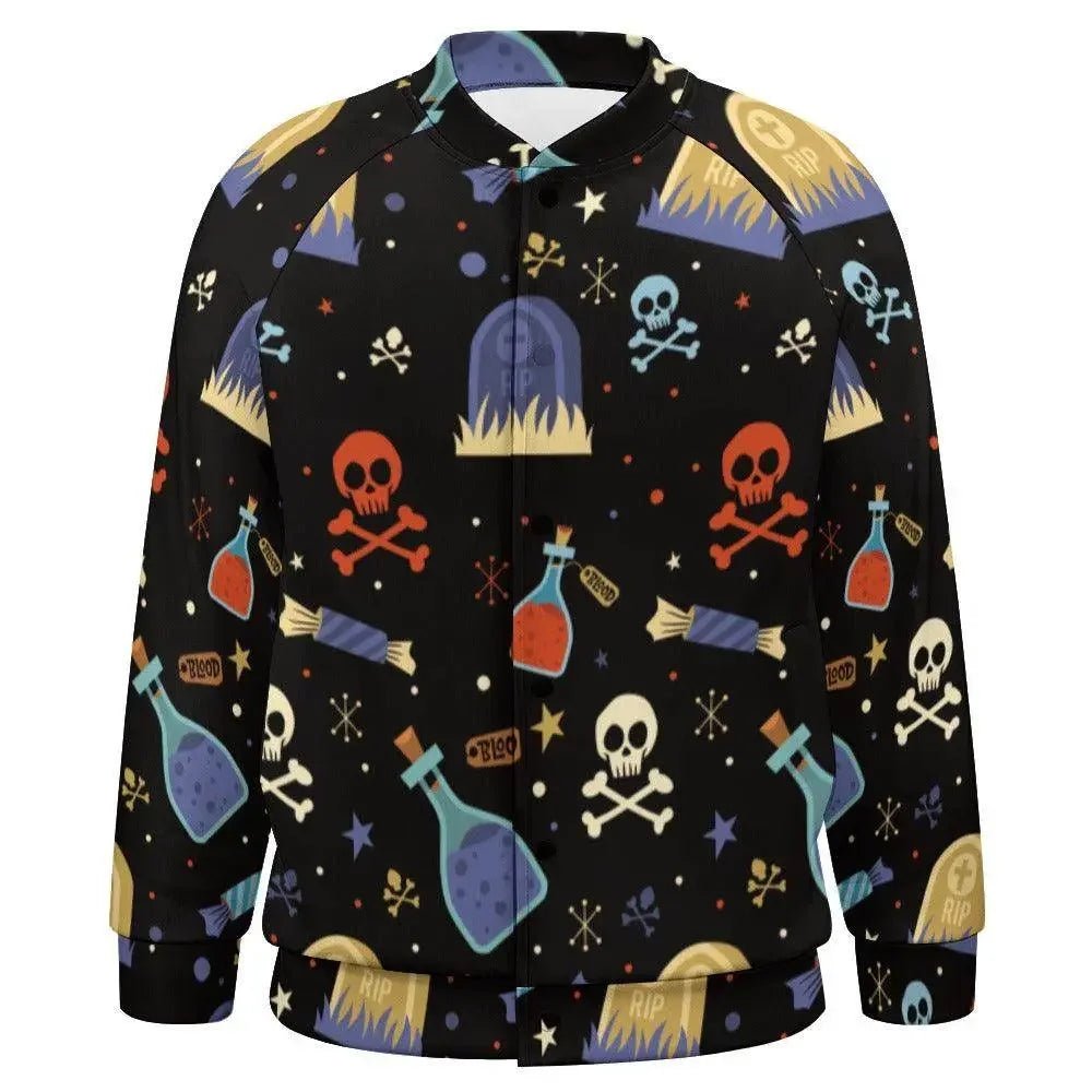 Men's black Halloween bomber jacket with skulls, potions, and gravestone print by IVORYNN