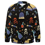 Men's black Halloween bomber jacket with skulls, potions, and gravestone print by IVORYNN