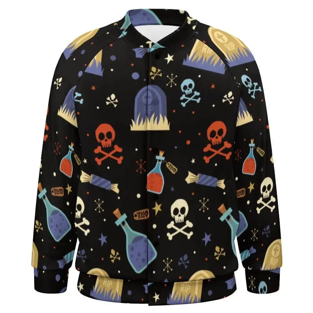 Men's black Halloween bomber jacket with skulls, potions, and gravestone print by IVORYNN