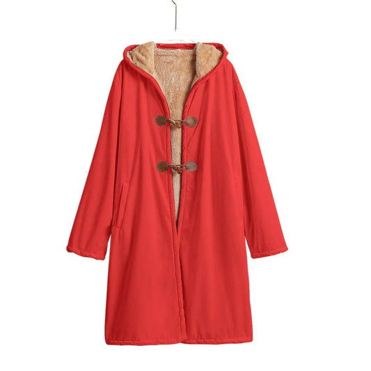 Horn Button Long Fleece Windbreaker - Red