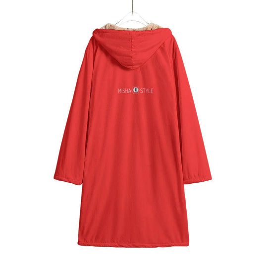 Horn Button Long Fleece Windbreaker - Red