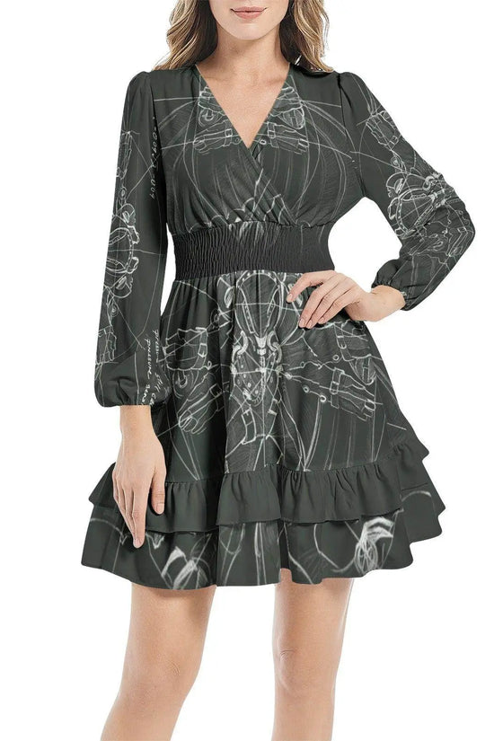 Long Ruffle Sleeve Elastic Waist Dress - Dark Green - IVORYNN