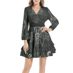 Dark green long ruffle sleeve elastic waist dress with abstract white print, IVORYNN fashion