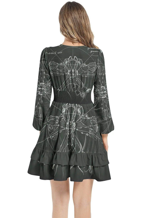 Long Ruffle Sleeve Elastic Waist Dress - Dark Green - IVORYNN