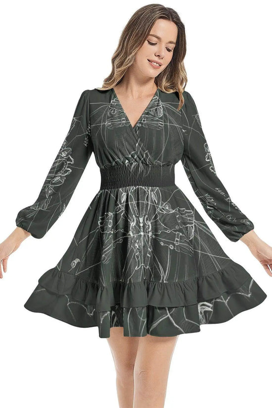 Long Ruffle Sleeve Elastic Waist Dress - Dark Green - IVORYNN
